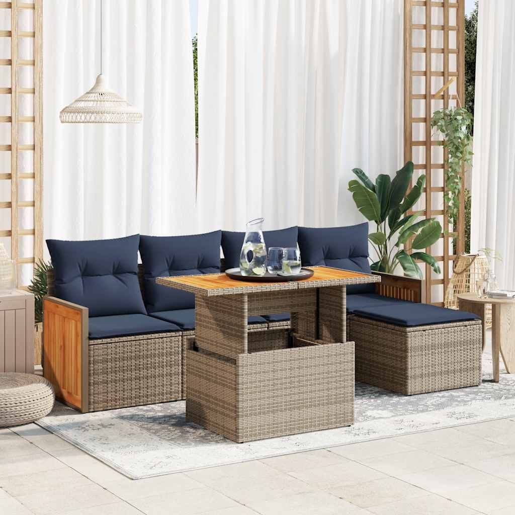 6 Piece Garden Sofa Set With Cushions Poly Rattan Acacia