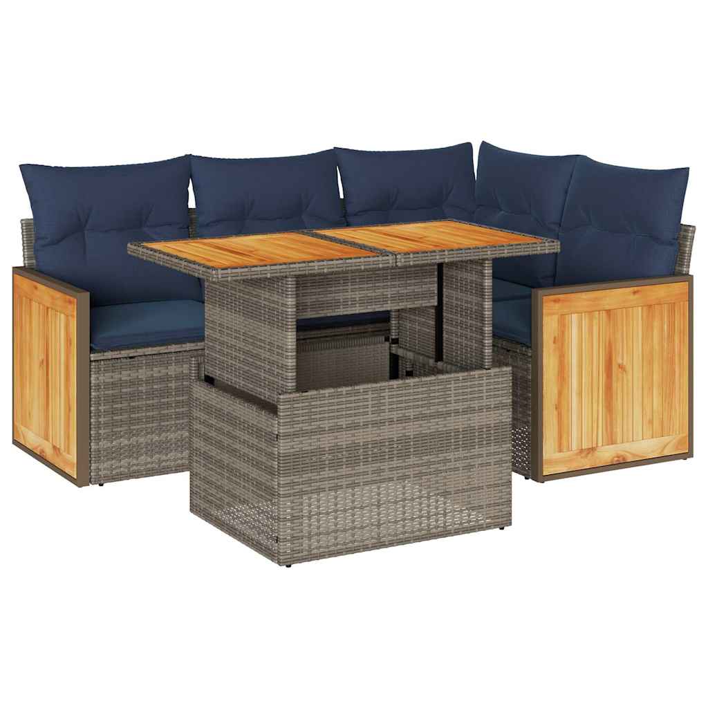 5 Piece Garden Sofa Set With Cushions Poly Rattan Acacia
