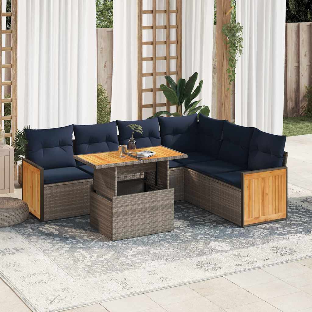 7 Piece Garden Sofa Set With Cushions Poly Rattan Acacia
