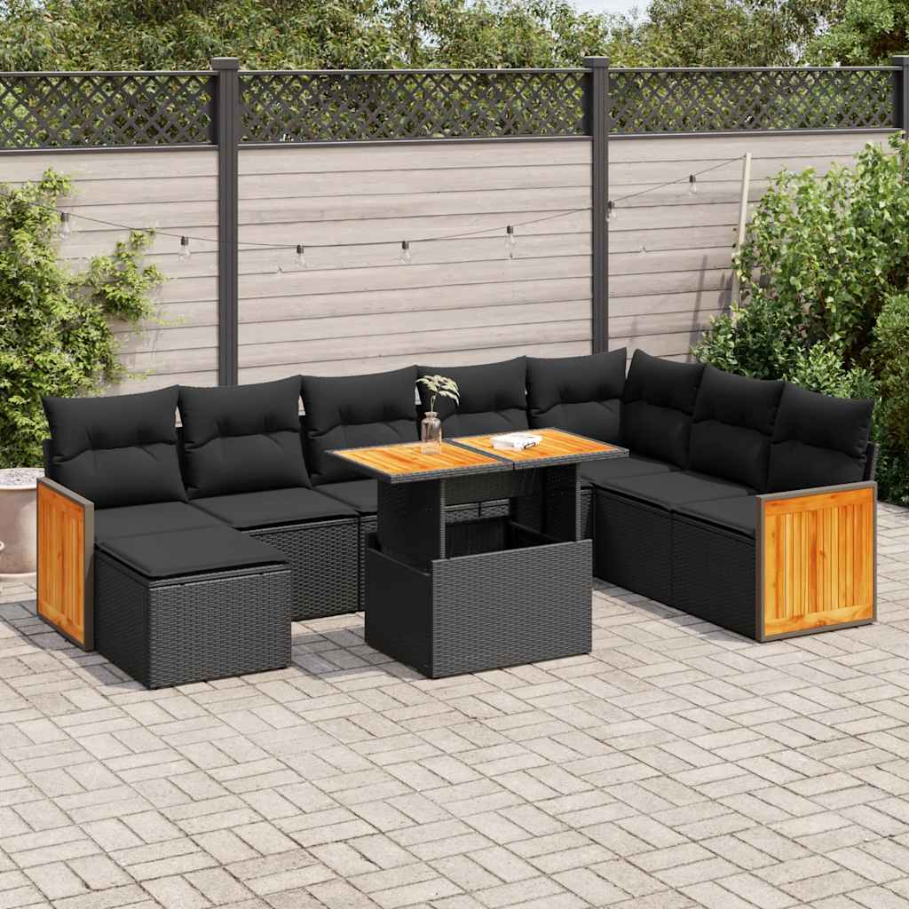 9 Piece Garden Sofa Set With Cushions Poly Rattan Acacia