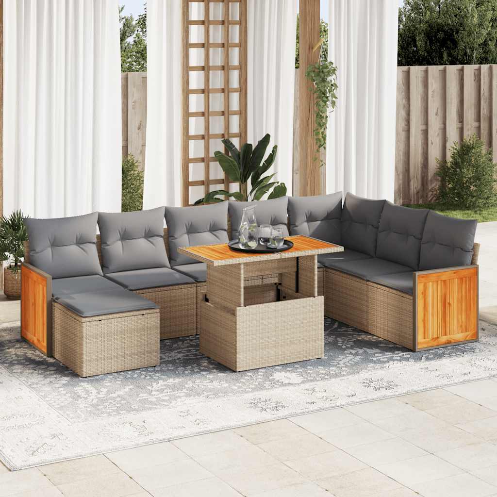9 Piece Garden Sofa Set With Cushions Poly Rattan Acacia