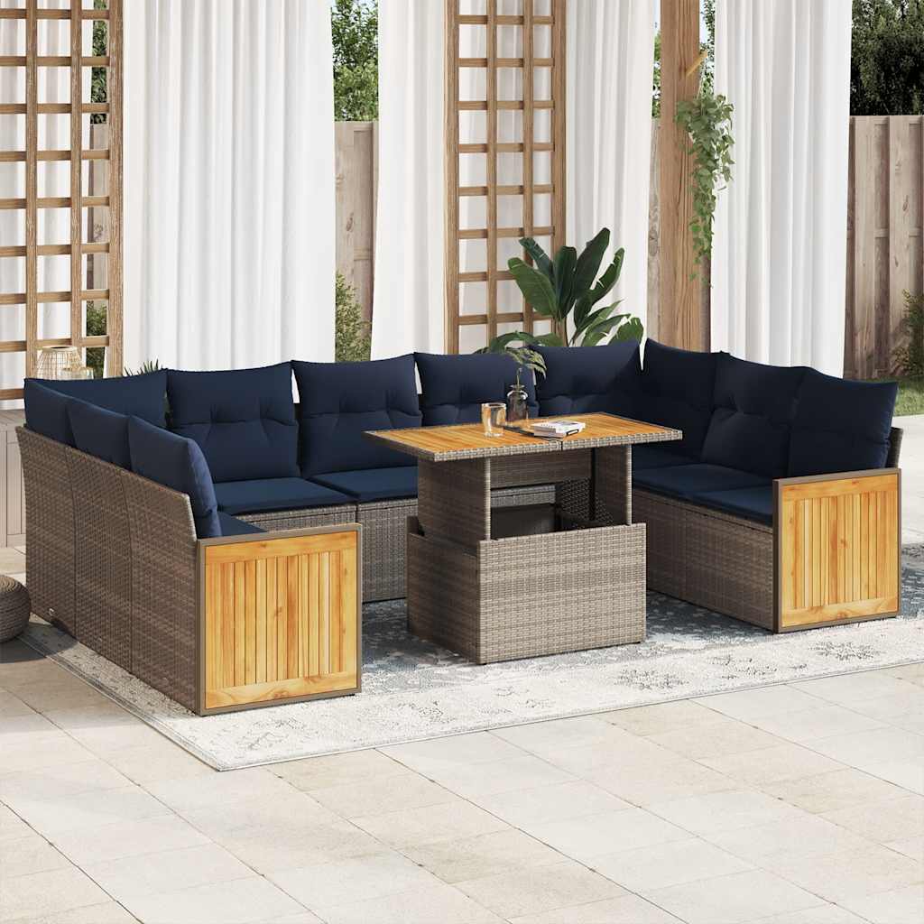 10 Piece Garden Sofa Set With Cushions Poly Rattan Acacia