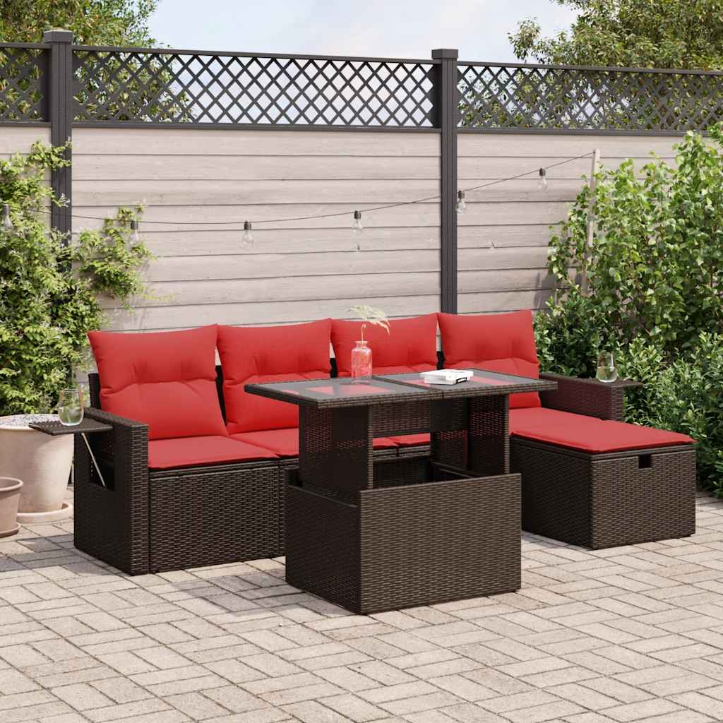 6 Piece Garden Sofa Set With Cushions Brown Poly Rattan Acacia