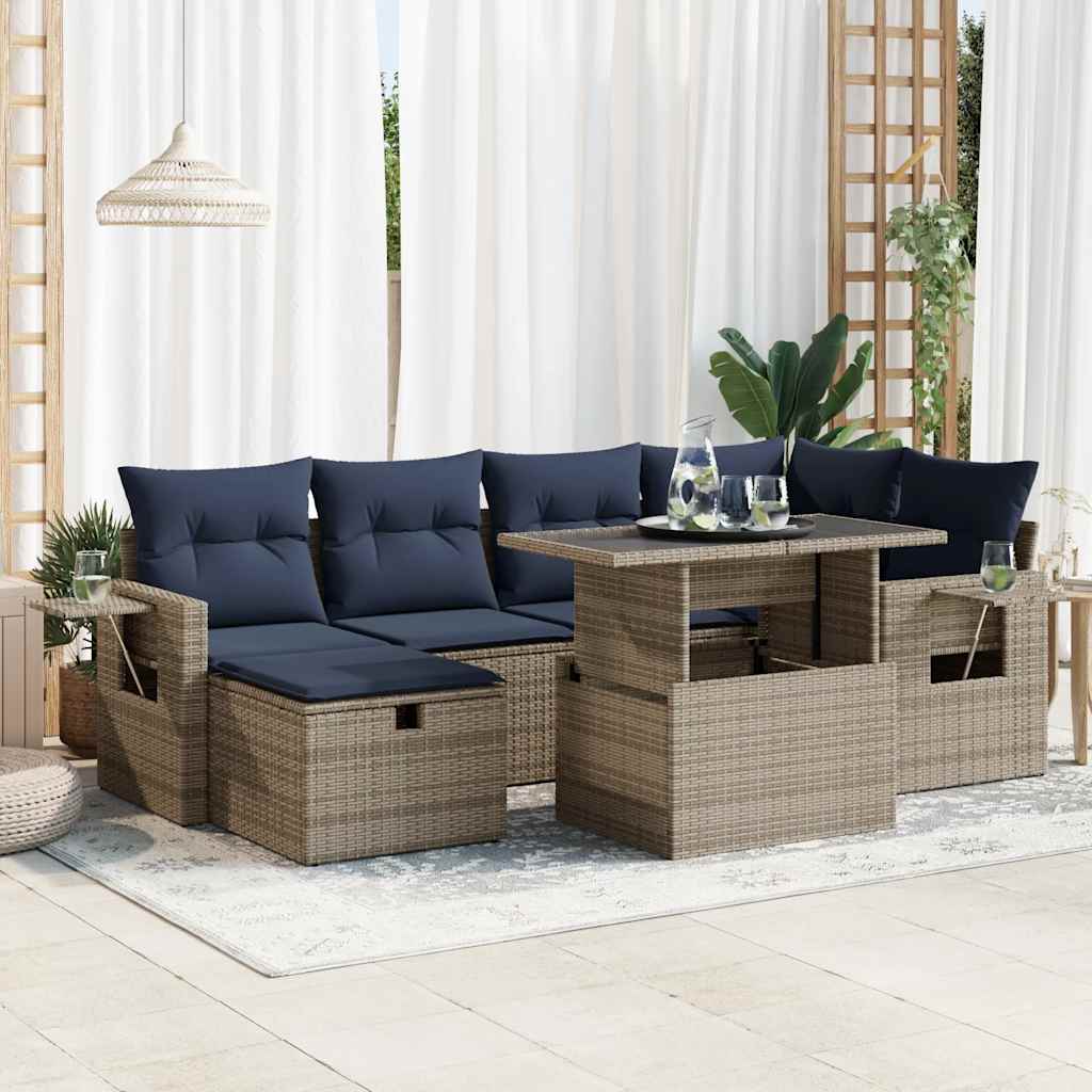 7 Piece Garden Sofa Set With Cushions Black Poly Rattan Acacia