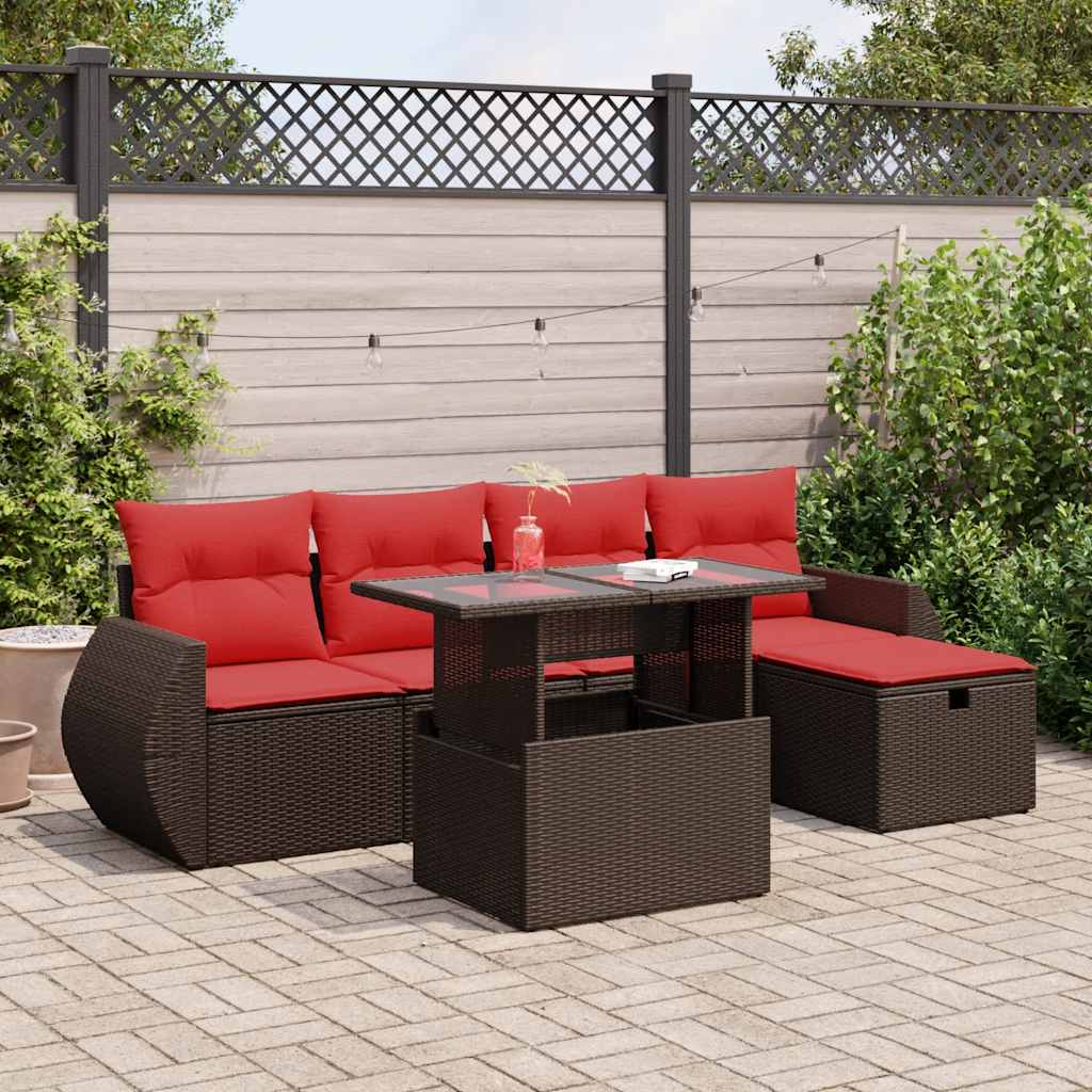 6 Piece Garden Sofa Set With Cushions Brown Poly Rattan Acacia