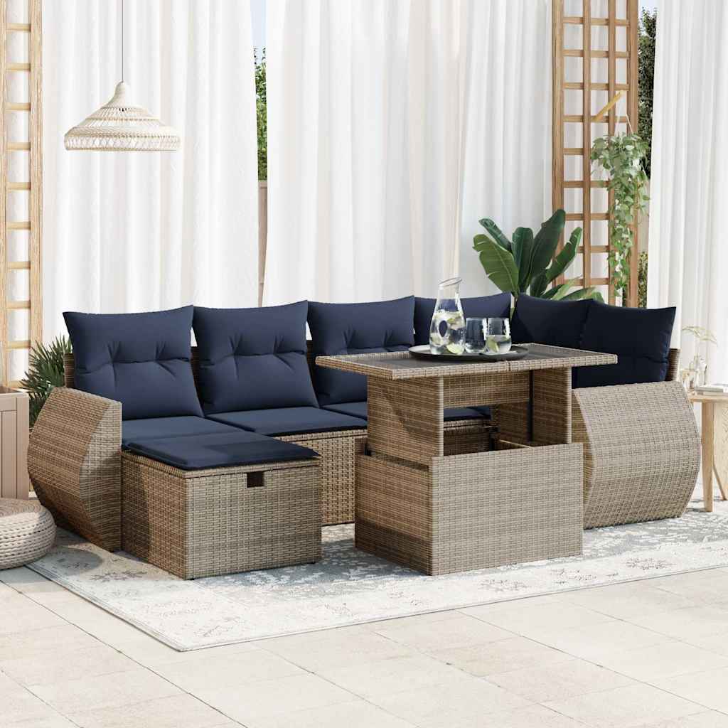 7 Piece Garden Sofa Set With Cushions Black Poly Rattan Acacia