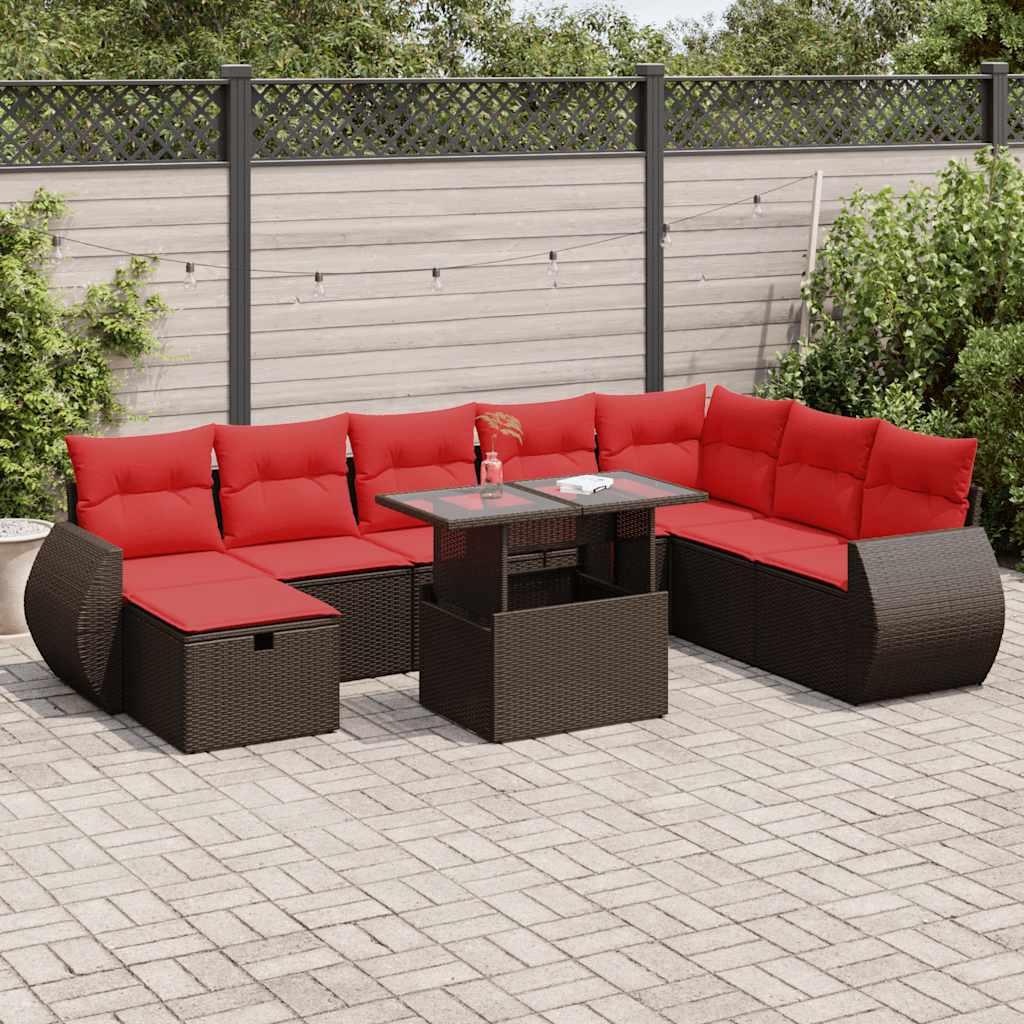 9 Piece Garden Sofa Set With Cushions Brown Poly Rattan Acacia