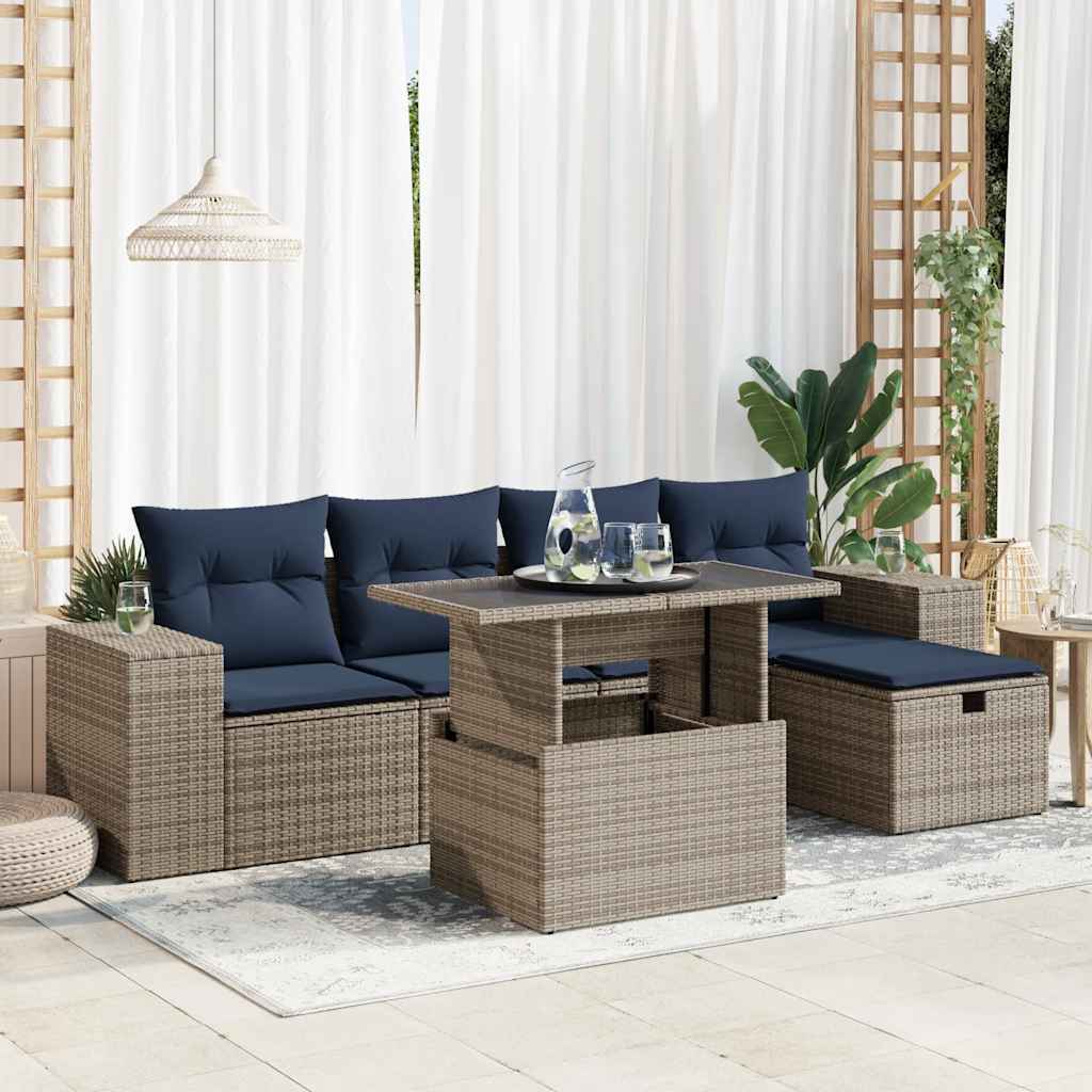 6 Piece Garden Sofa Set With Cushions Black Poly Rattan Acacia
