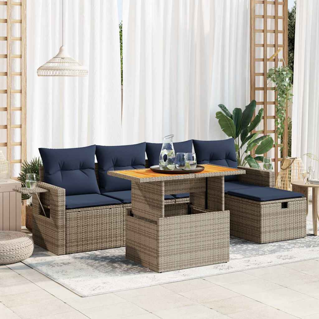 6 Piece Garden Sofa Set With Cushions Poly Rattan Acacia