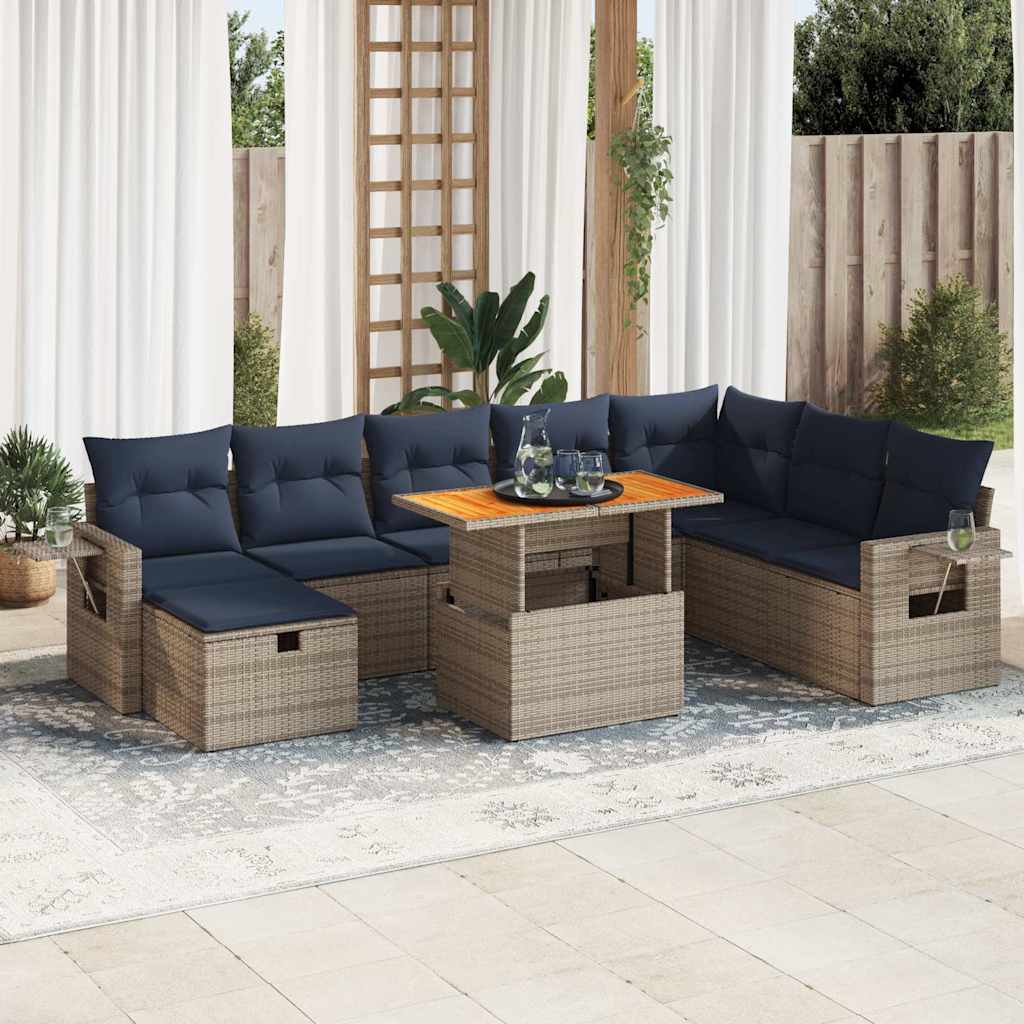 9 Piece Garden Sofa Set With Cushions Poly Rattan Acacia