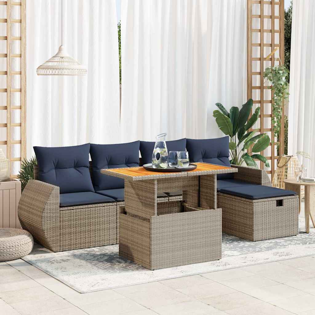 6 Piece Garden Sofa Set With Cushions Poly Rattan Acacia