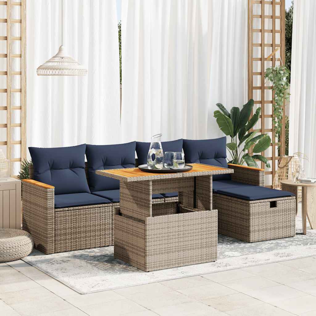 6 Piece Garden Sofa Set With Cushions Poly Rattan Acacia