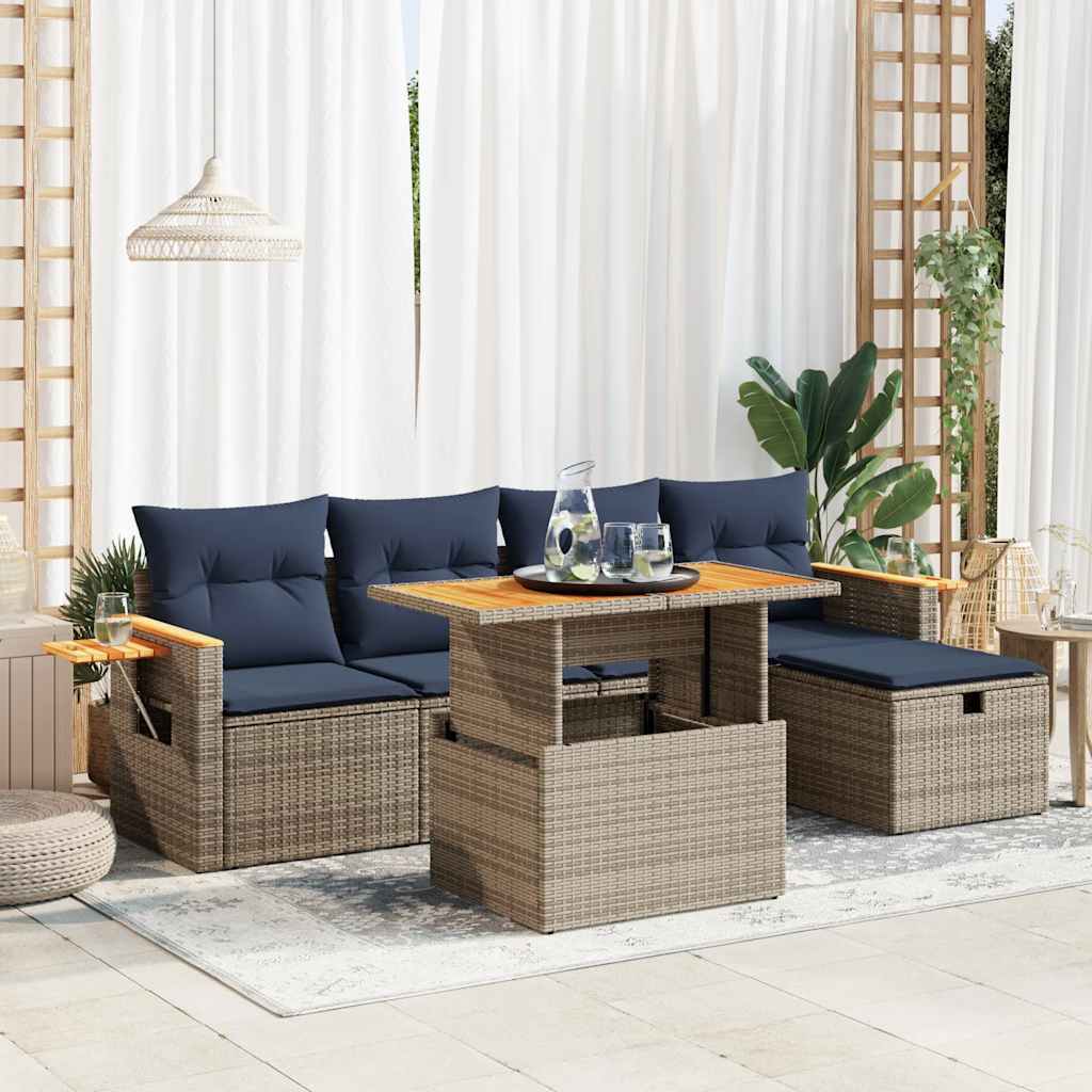 6 Piece Garden Sofa Set With Cushions Poly Rattan Acacia