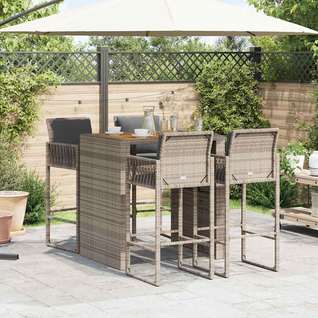 5 Piece Garden Bar Set With Cushions Poly Rattan Acacia