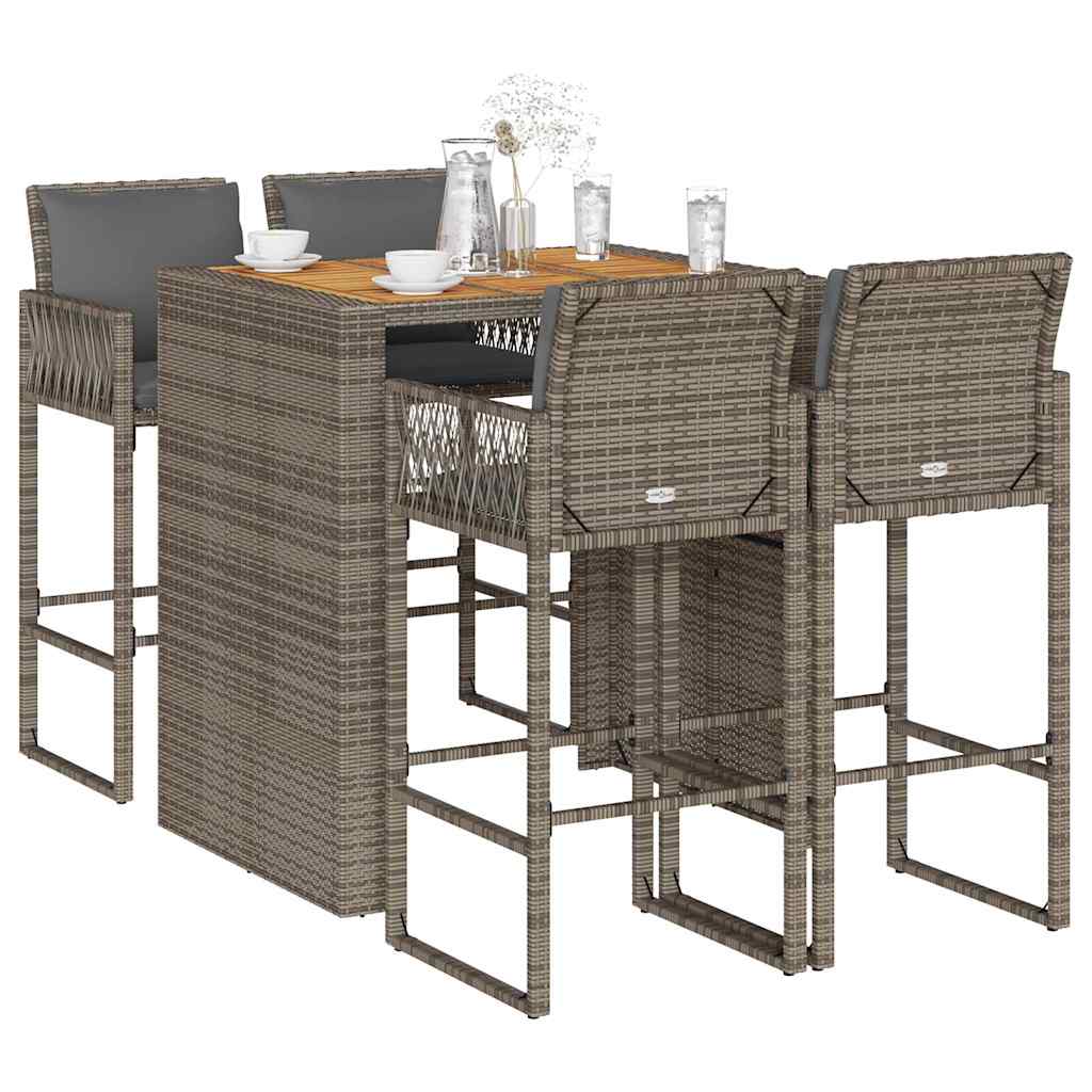 5 Piece Garden Bar Set With Cushions Poly Rattan Acacia