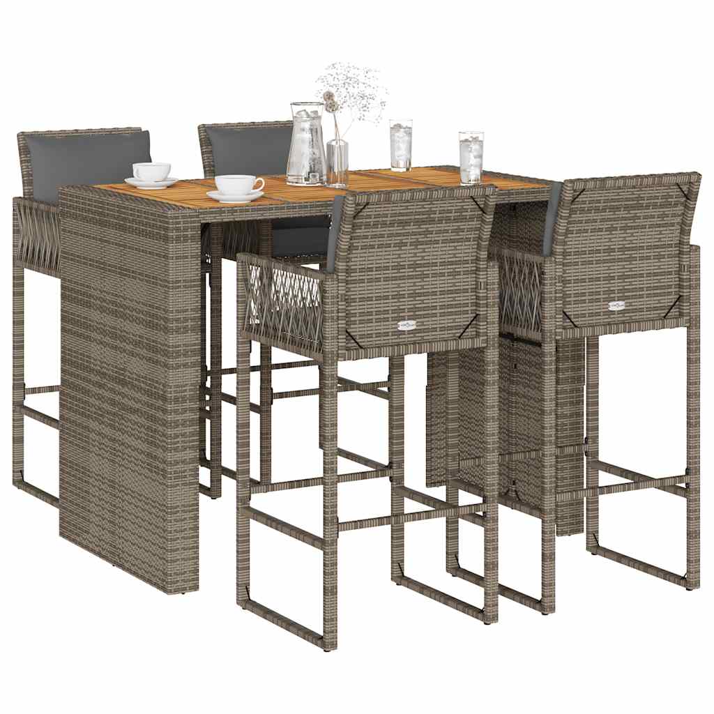 5 Piece Garden Bar Set With Cushions Poly Rattan Acacia