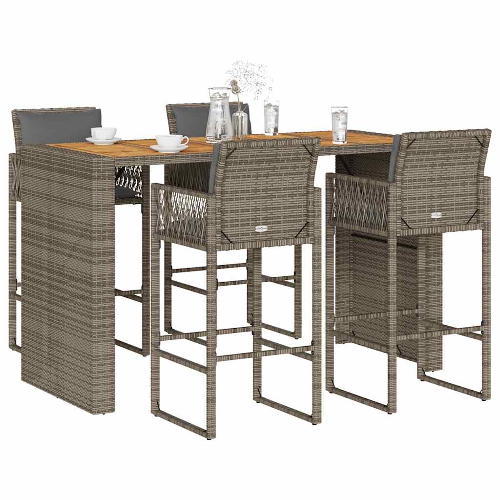 5 Piece Garden Bar Set With Cushions Poly Rattan Acacia