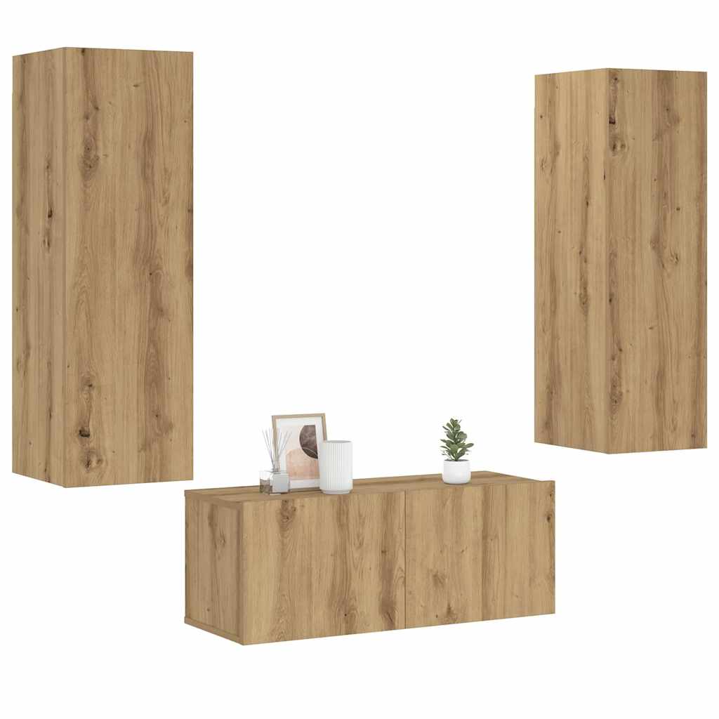 3 Piece Tv Cabinet Set Wall-Mounted Engineered Wood,  Tv Stand 80X30X30 Cm Made Of Engineered Wood,  Wall-Mounted Tv Cabinets - 2 Pcs , 30.5X30X90 Cm, Made From Engineered Wood