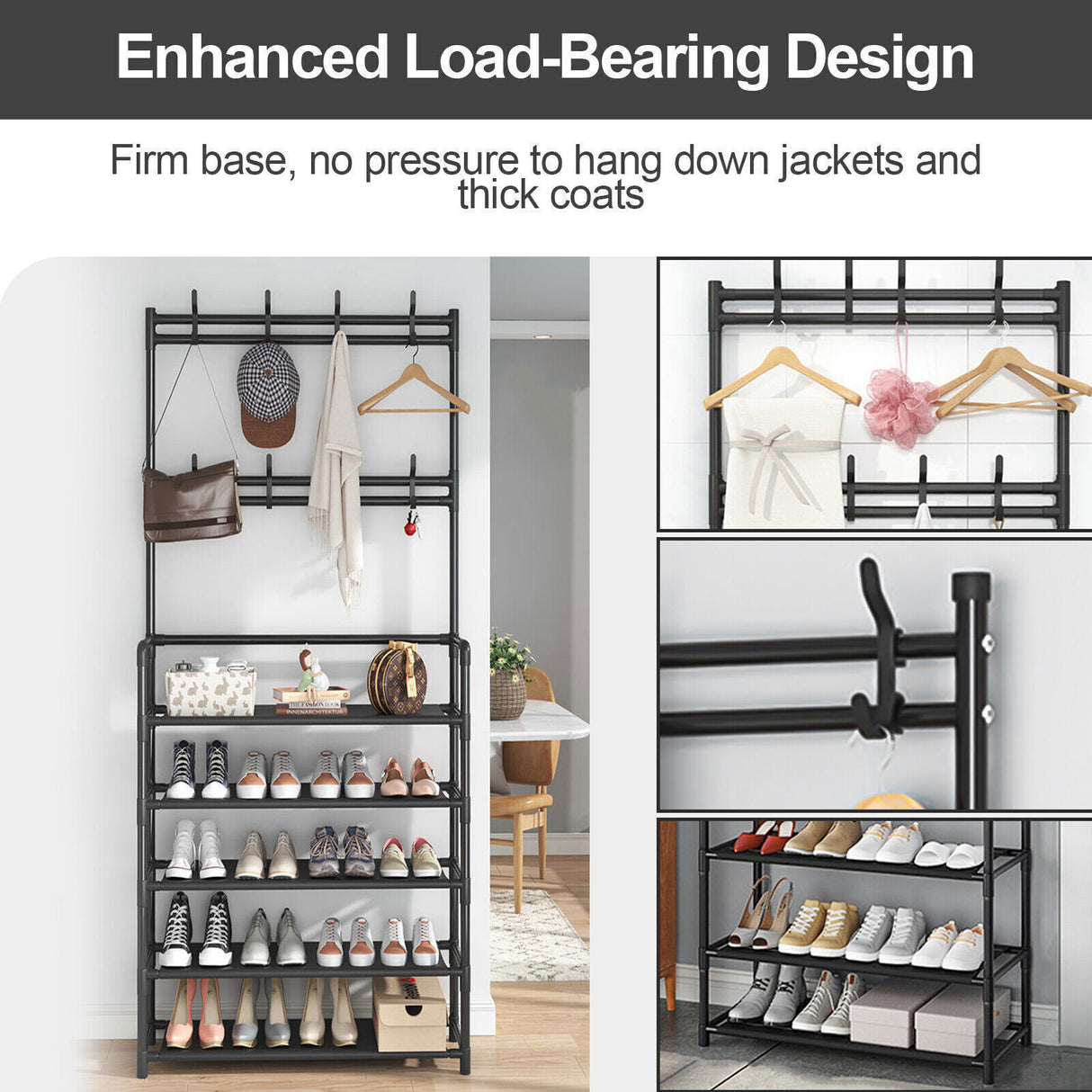 Metal Coat Rack with Shoe Storage - 8 Hooks, 5-Tier Shelf, Modern Hallway Organizer