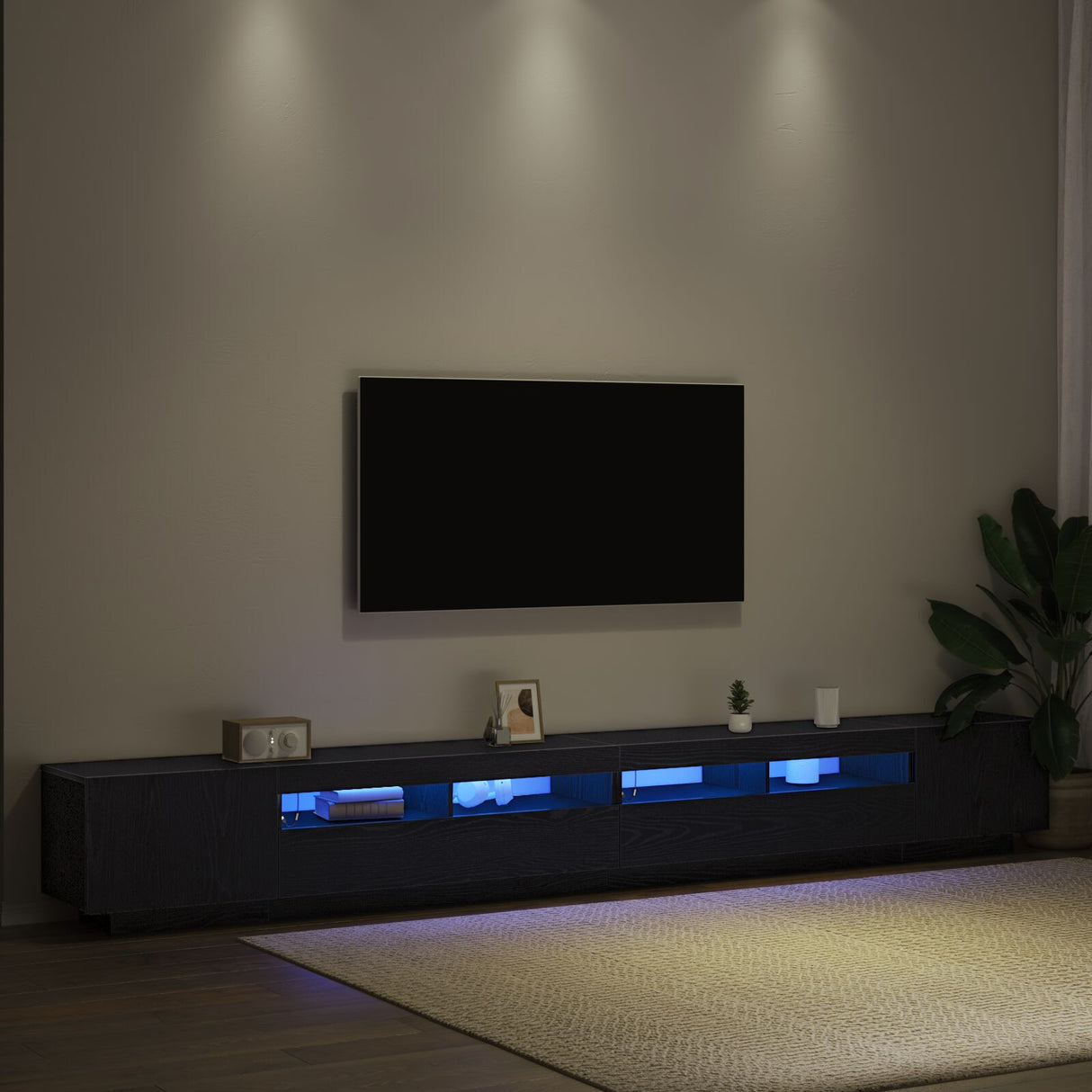 Tv Stand With Led Lights - Black Oak - 300X35X40 Cm - Made From Engineered Wood