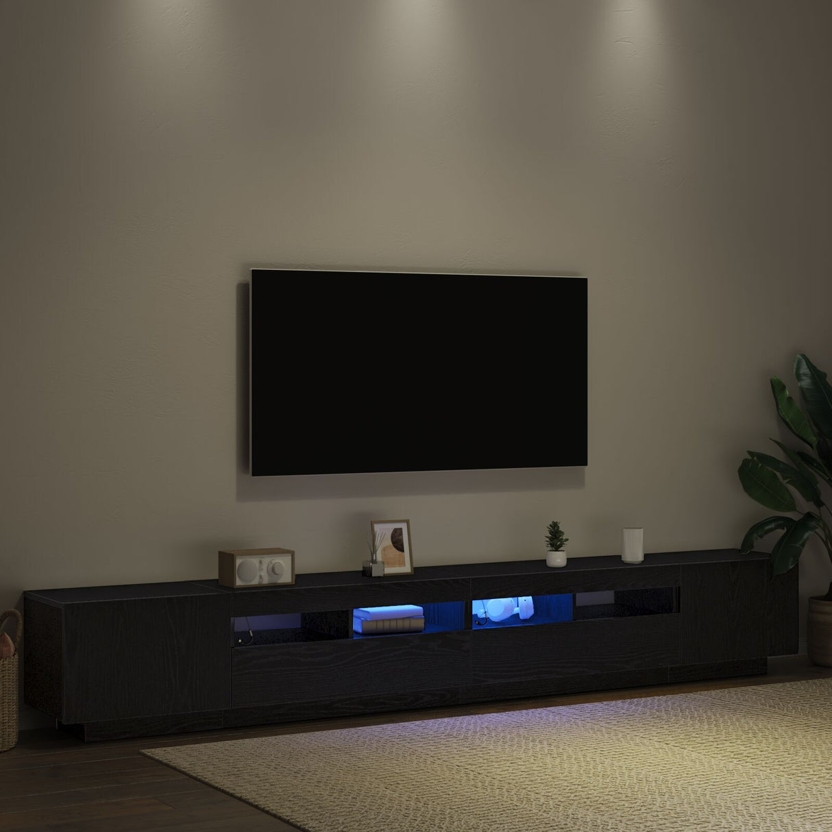 Tv Stand With Led Lights - Black Oak, 260X35X40 Cm, Made Of Engineered Wood