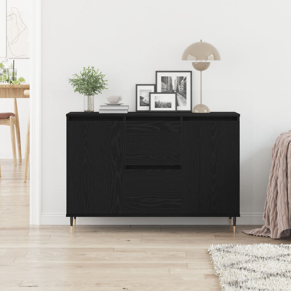 Sideboard With Doors & Drawers Black Oak 101,5X35X70 Cm