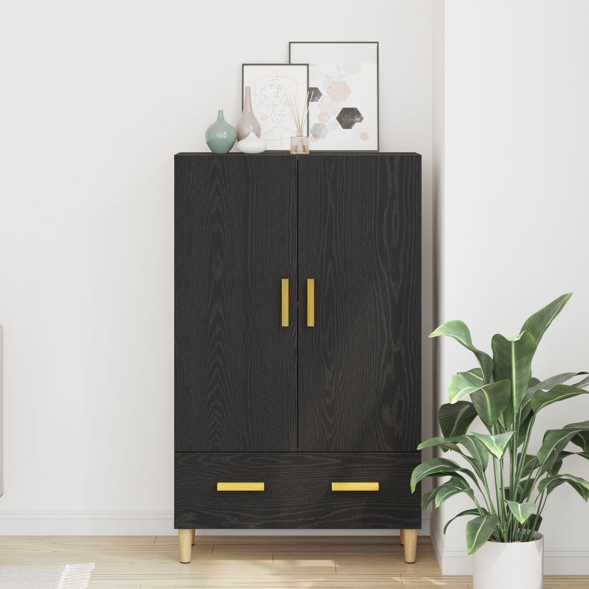 Highboard In Black Oak, 70X31X115 Cm, Made From Engineered Wood