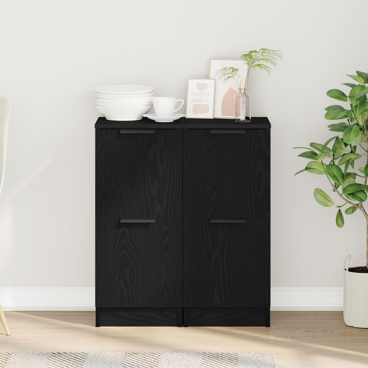 Sideboards 2 Pcs In Black Oak, 30X30X70 Cm, Made Of Engineered Wood