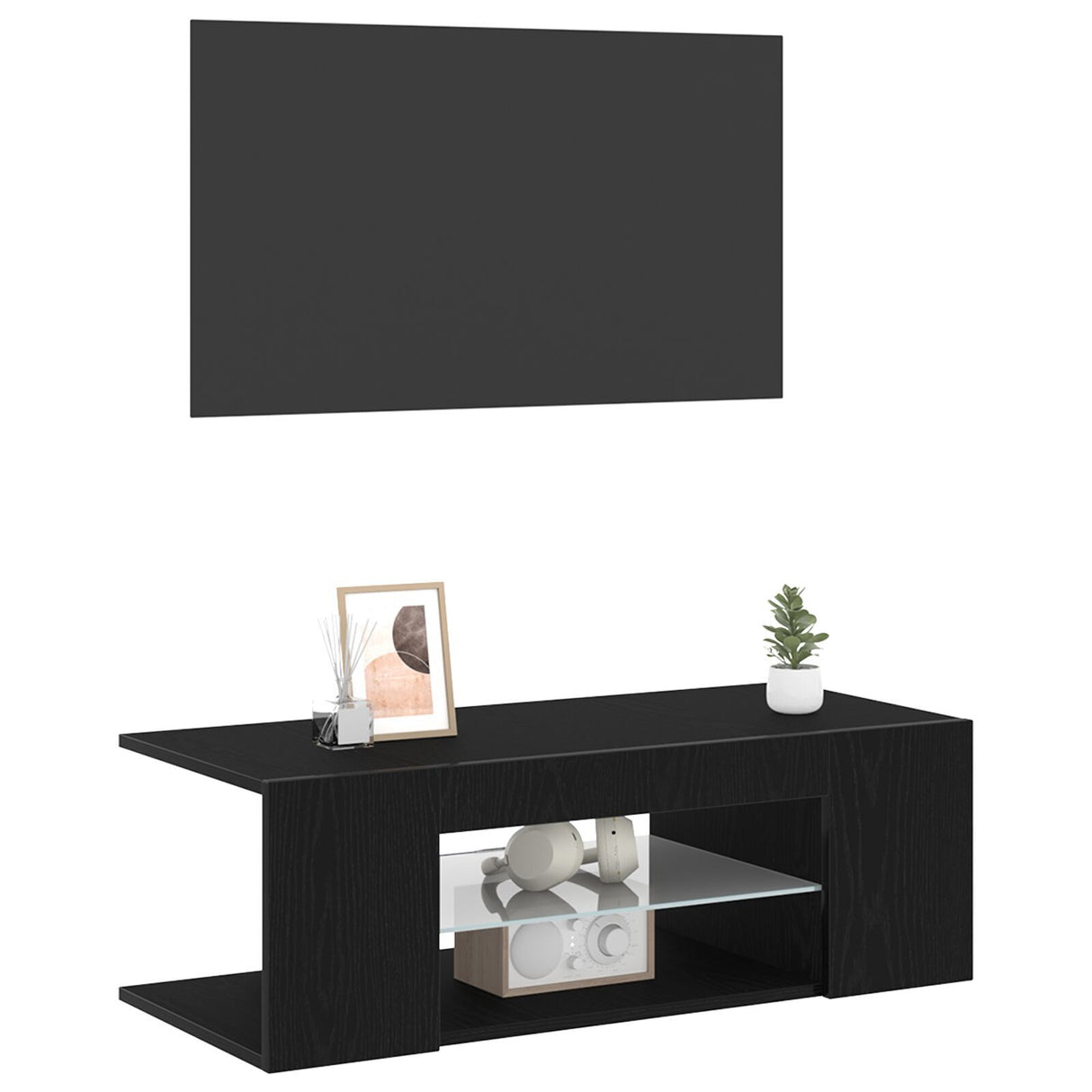 Tv Cabinet With Led Lights In Black Oak - 90 X 39 X 30 Cm - Made From Engineered Wood