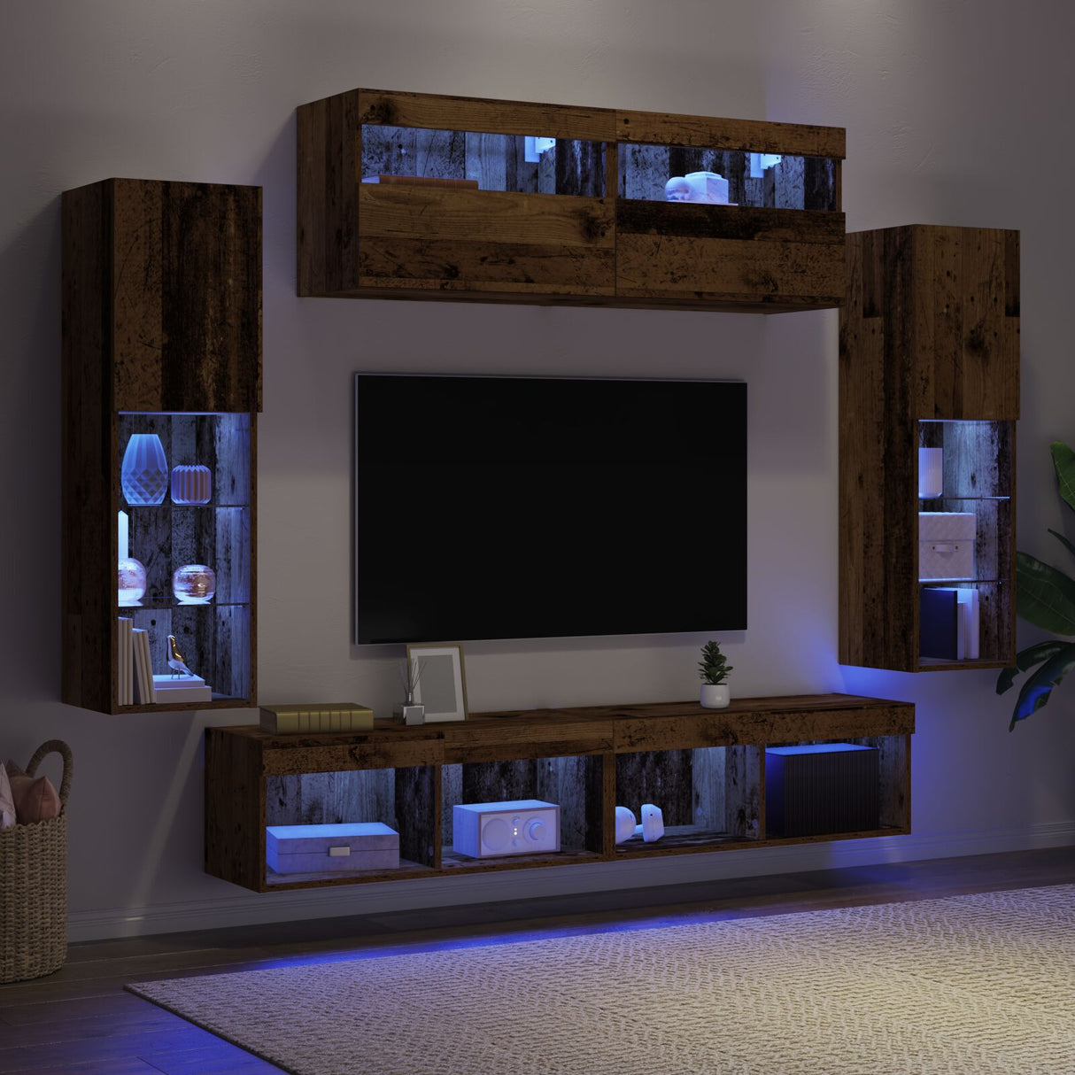 8 Piece Tv Wall Units With Led Old Wood Engineered Wood