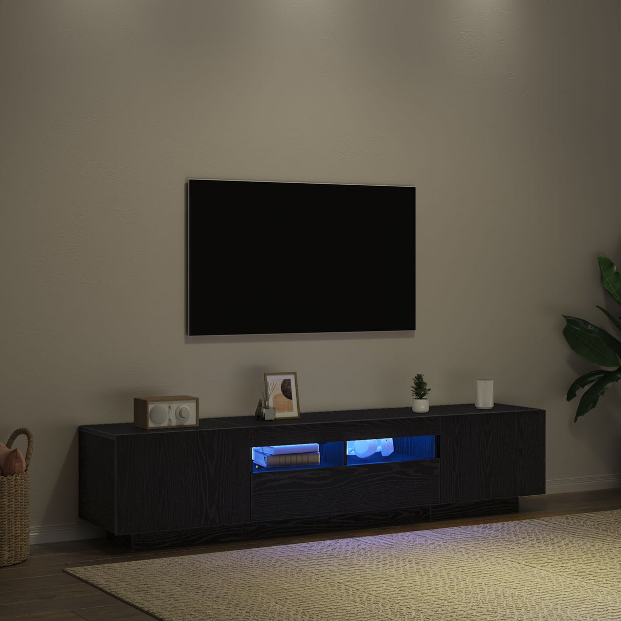 Tv Cabinet With Led Lights In Black Oak - 180X35X40 Cm, Made Of Engineered Wood