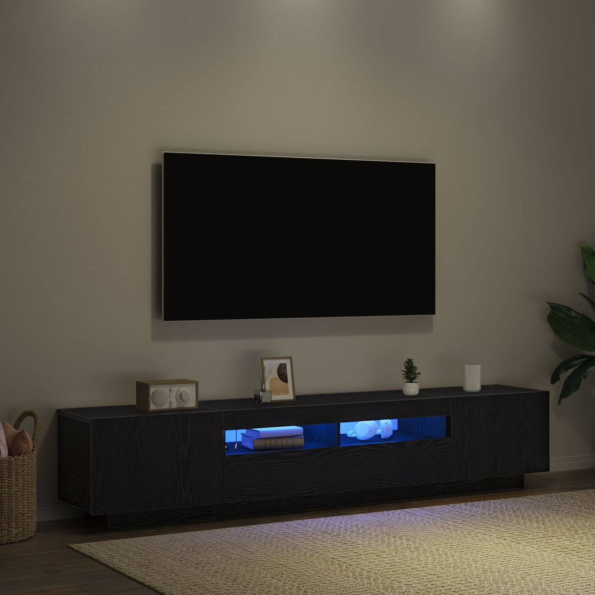 Tv Cabinet With Led Lights - Black Oak - 200 X 35 X 40 Cm - Engineered Wood