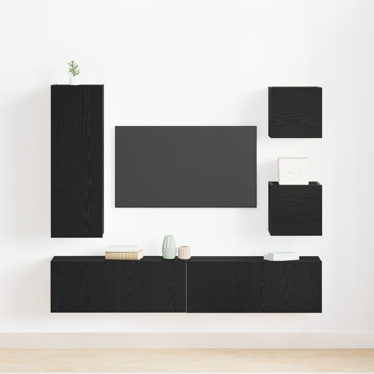 6 Piece Tv Cabinet Set Black Oak Engineered Wood, Wall Mounted Tv Cabinets 2 Pcs Black Oak 30.5X30X30 Cm, Wall-Mounted Tv Cabinet In Black Oak - 30.5X30X90 Cm, Made Of Engineered Wood, Black Oak Tv Stand 80X30X30 Cm Made Of Engineered Wood