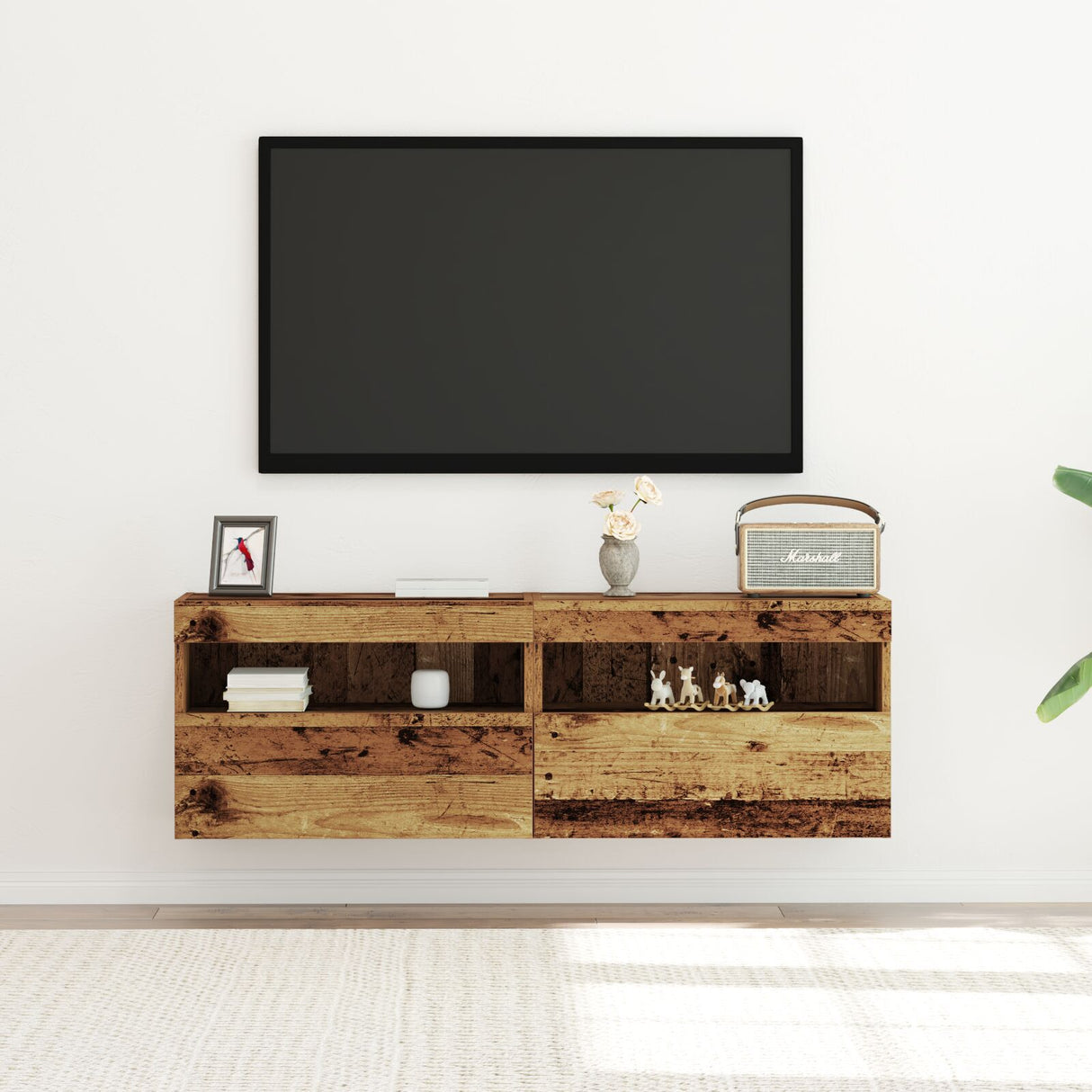 Tv Wall Cabinets With Led Lights 2 Pcs Old Wood 60X30X40 Cm