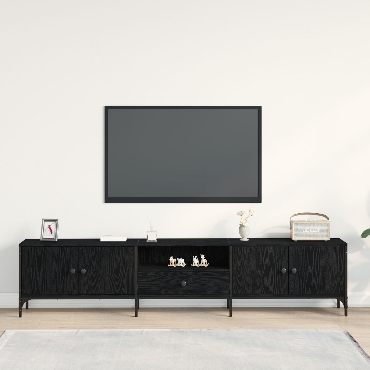 Tv Cabinet With Drawer Black Oak 200X25X44 Cm Engineered Wood
