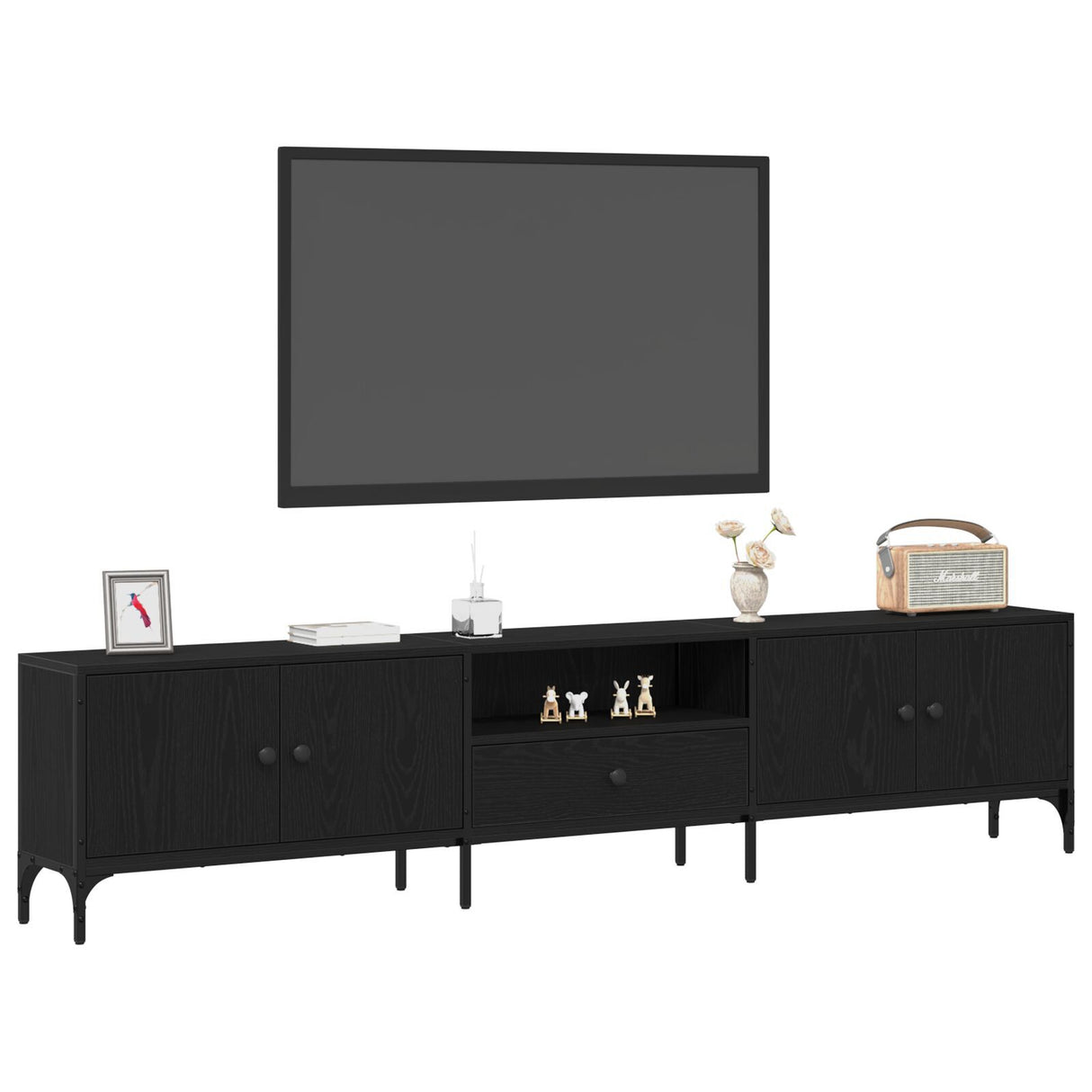 Tv Cabinet With Drawer Black Oak 200X25X44 Cm Engineered Wood