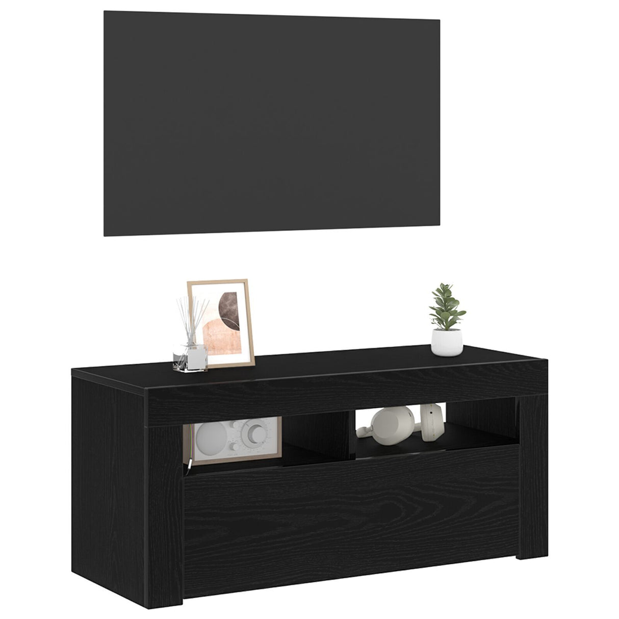 Tv Cabinet With Led Black Oak 90X35X40 Cm Engineered Wood