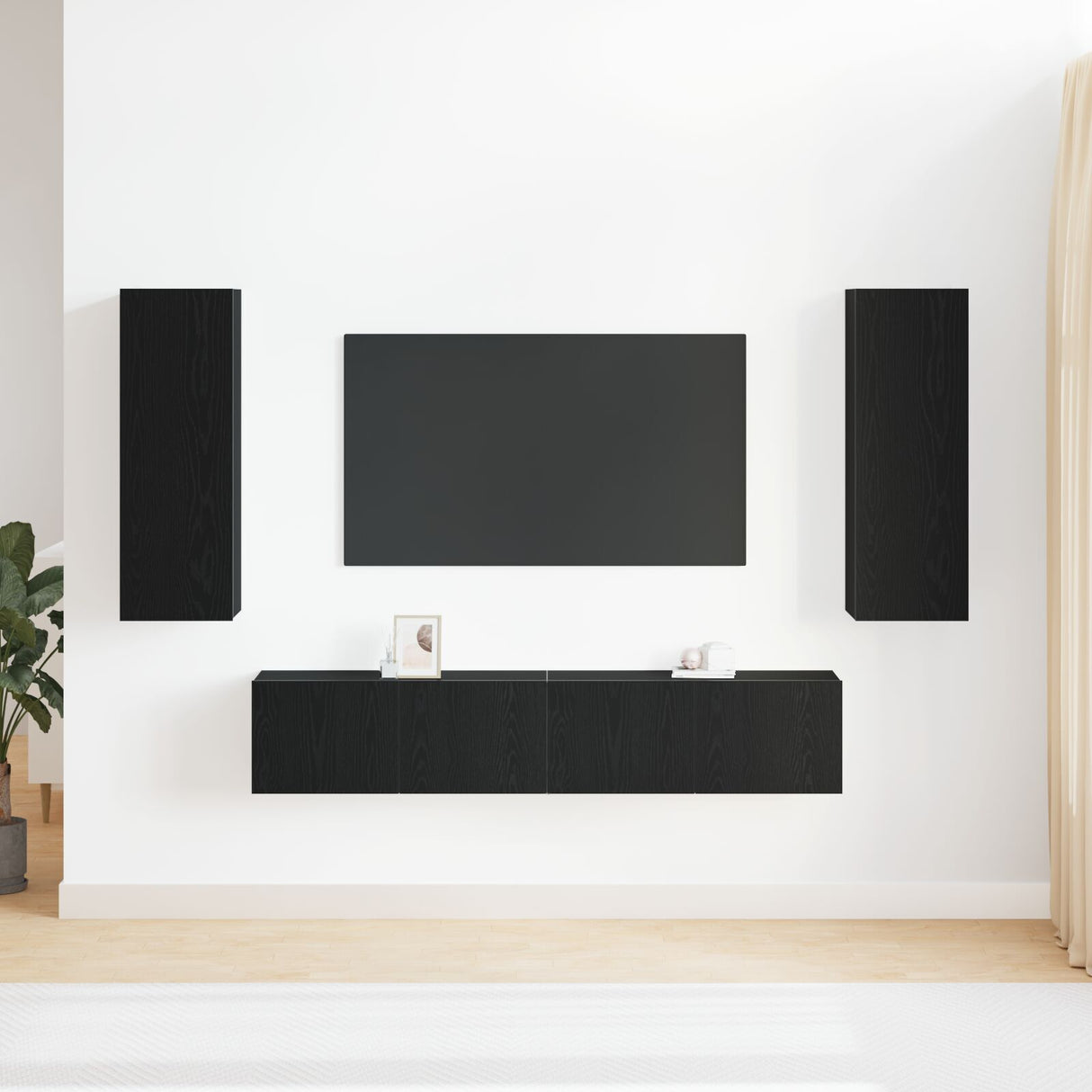 4 Piece Tv Cabinet Set Wall-Mounted Black Oak Engineered Wood, Black Oak Tv Stand 80X30X30 Cm Made Of Engineered Wood, Wall-Mounted Tv Cabinets - 2 Pcs Black Oak, 30.5X30X90 Cm, Made From Engineered Wood