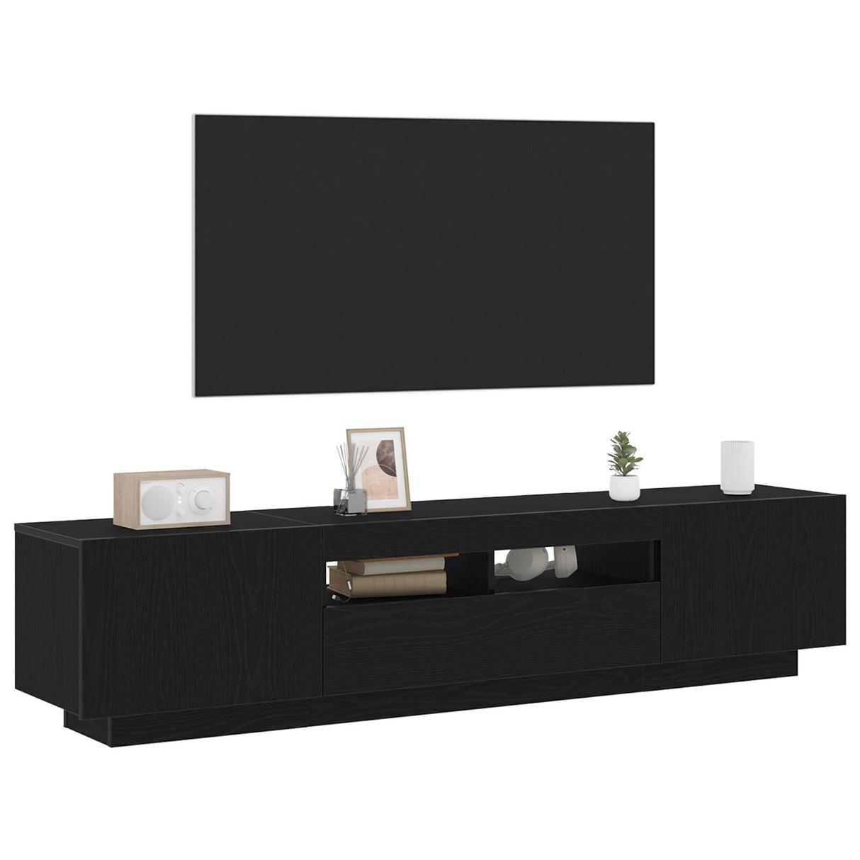 Tv Cabinet With Led Lights In Black Oak - 180X35X40 Cm, Made Of Engineered Wood