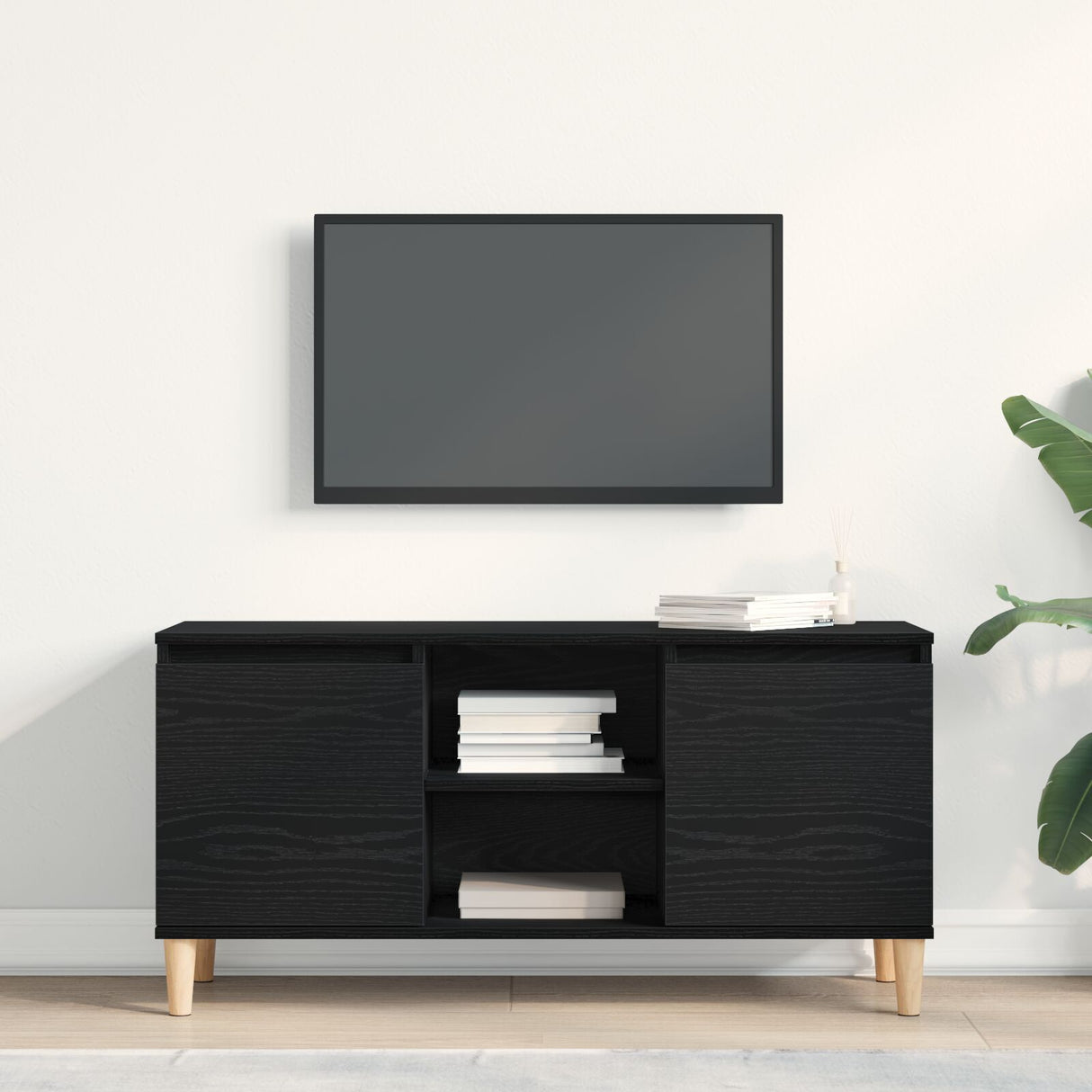 Tv Cabinet With Wooden Leg Black Oak 102X35X50 Cm