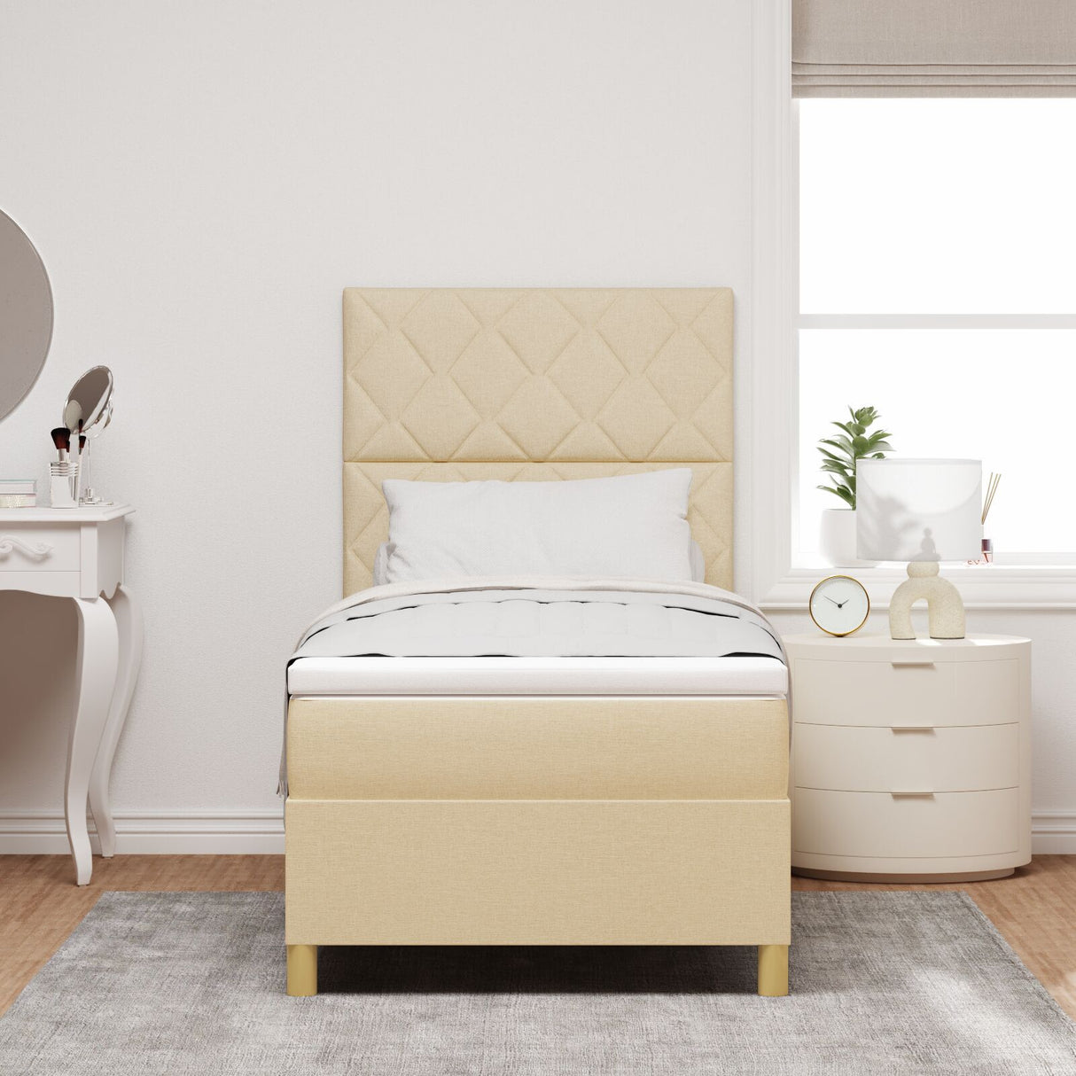Box Spring Bed With Mattress & Led Cream 90X190 Cm Fabric
