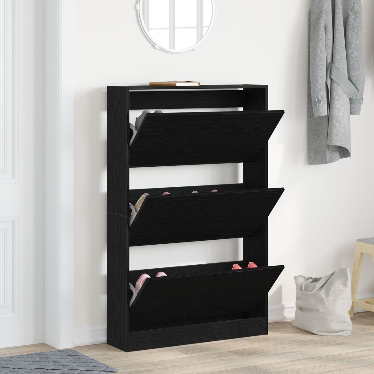 Shoe Cabinet Black Oak 80X21X125,5 Cm Engineered Wood