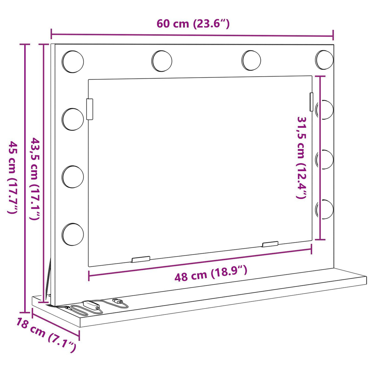 Vanity Mirror With Led Lights Black Oak 60X45X18 Cm