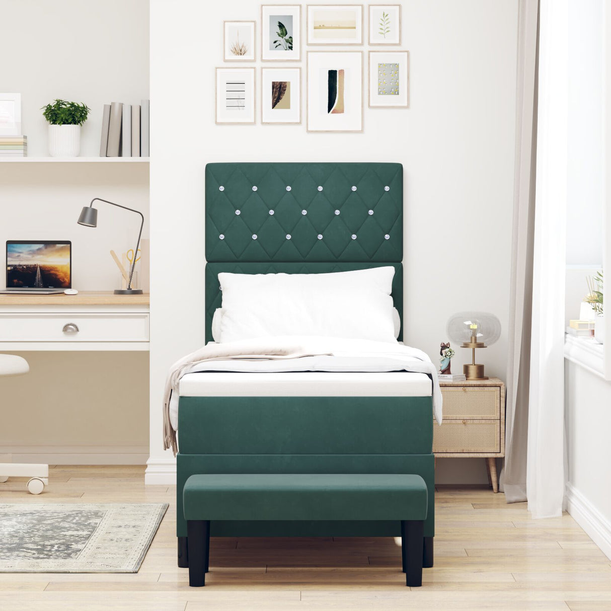 Box Spring Bed With Mattress & Bench Dark Green 80X200 Cm Velvet
