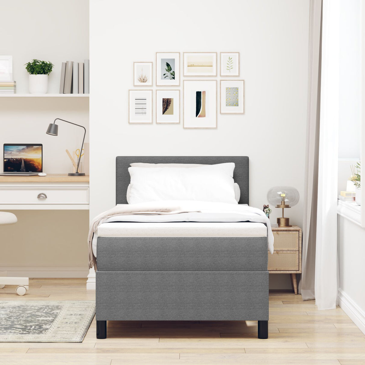 Box Spring Bed With Mattress & Led Light Grey 90X200 Cm Corduroy Fabric