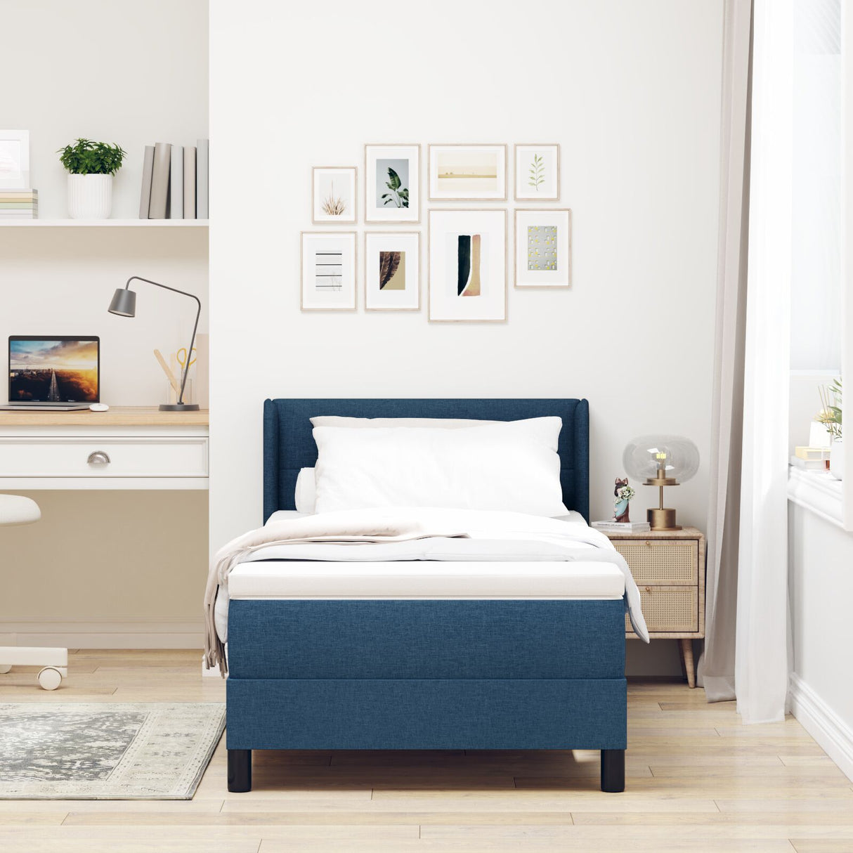Box Spring Bed With Mattress Blue 80X200 Cm Fabric, Headboard Button Tufted Blue 80 Cm Fabric