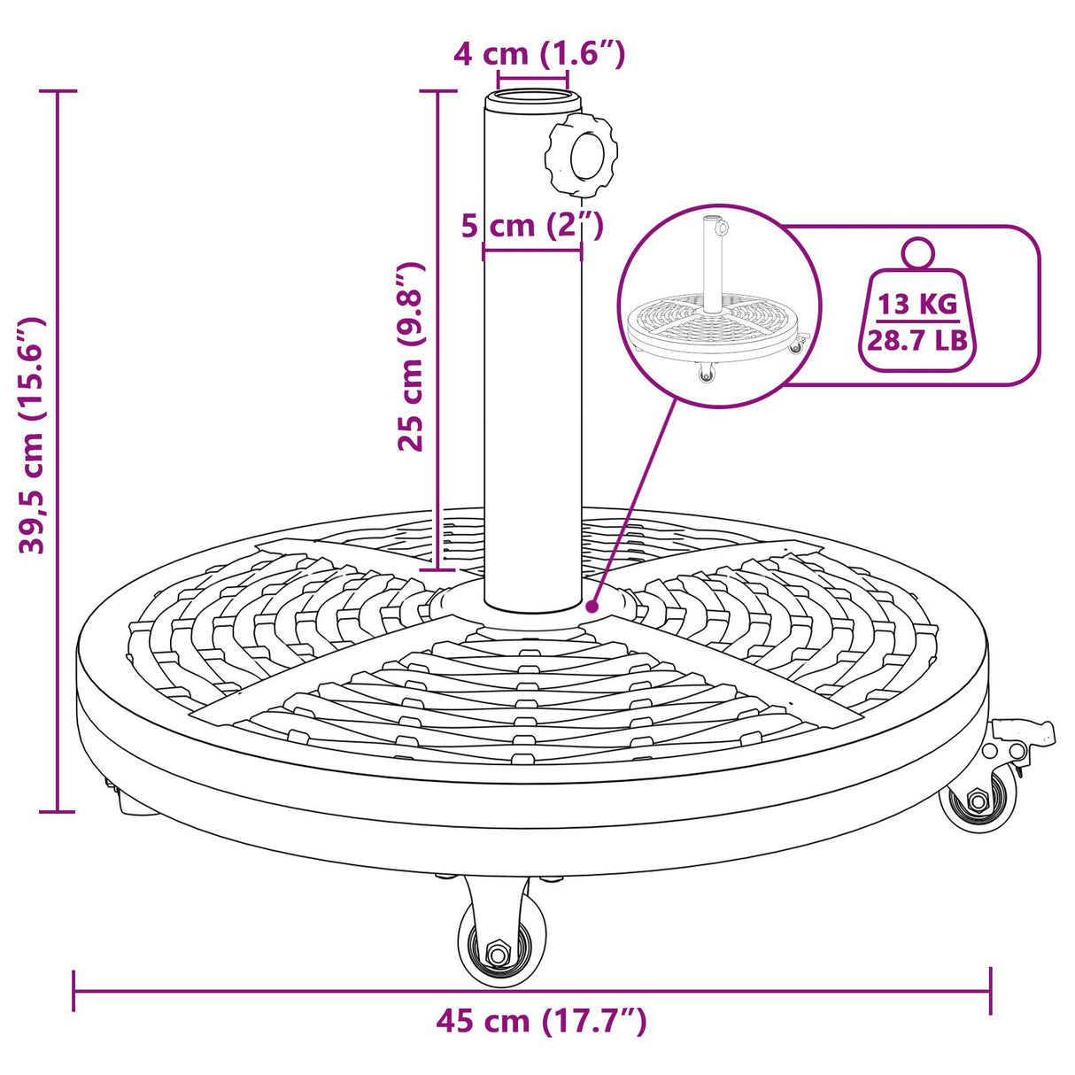Parasol Base With Wheels For Ø38-48 Mm Poles 13 Kg Round