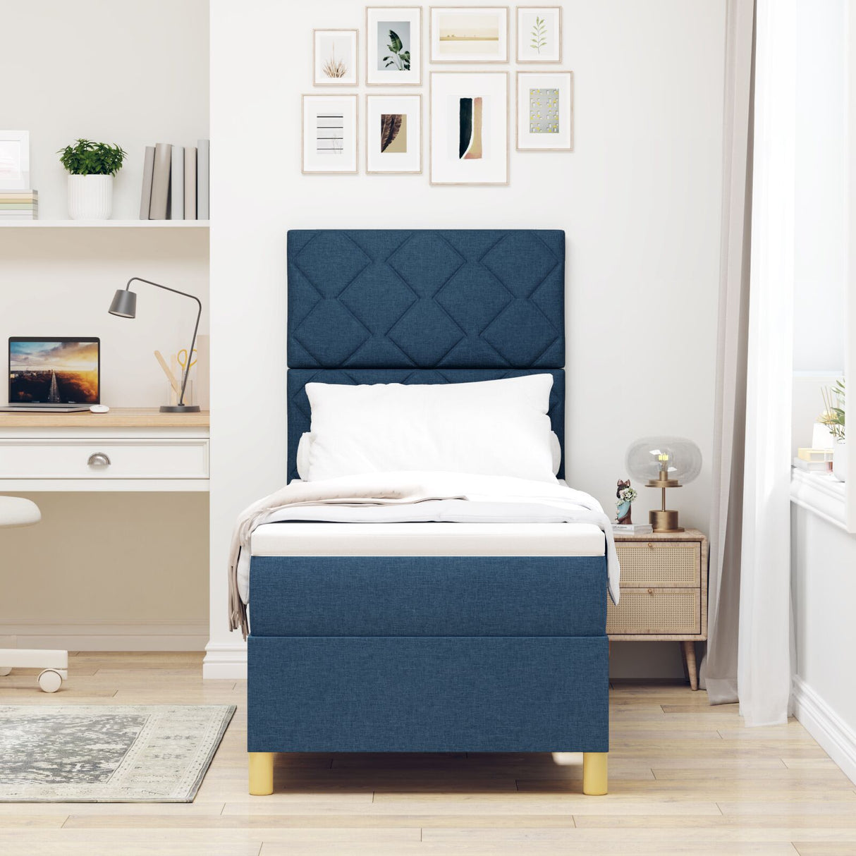 Box Spring Bed With Mattress & Led Blue 80X200 Cm Fabric