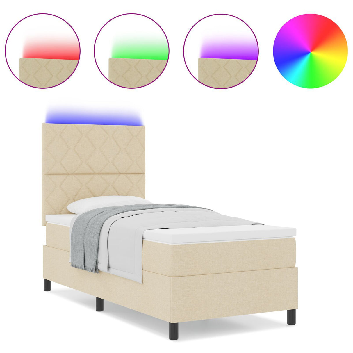 Box Spring Bed With Mattress & Led Cream 100X200 Cm Fabric