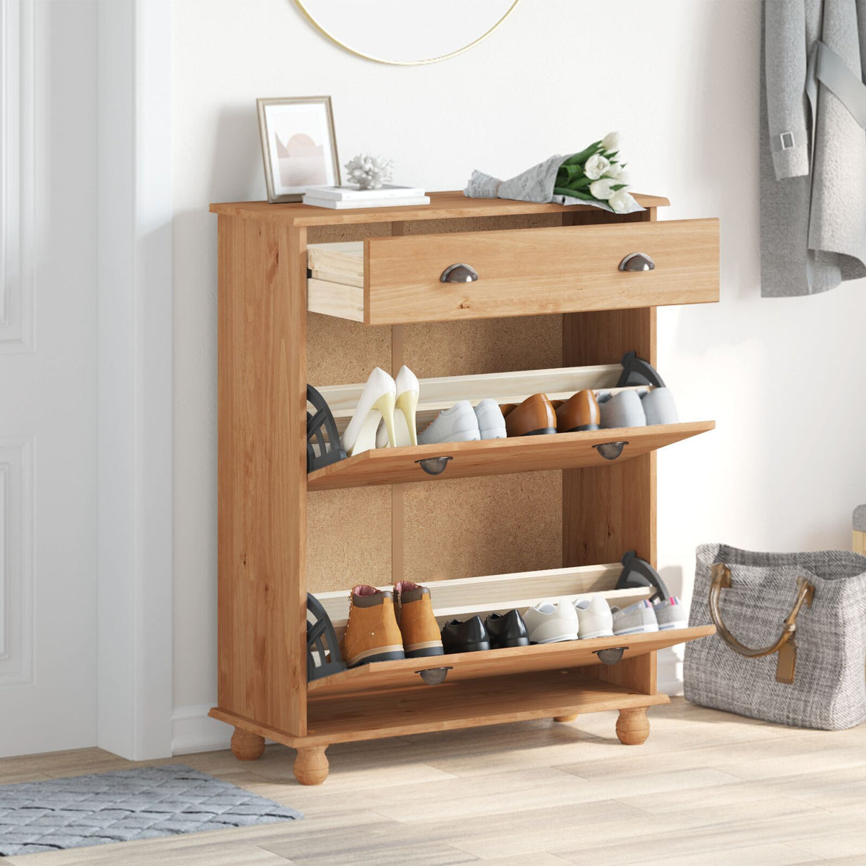 Shoe Cabinet "Askim" 85X35X108 Cm Solid Wood Pine